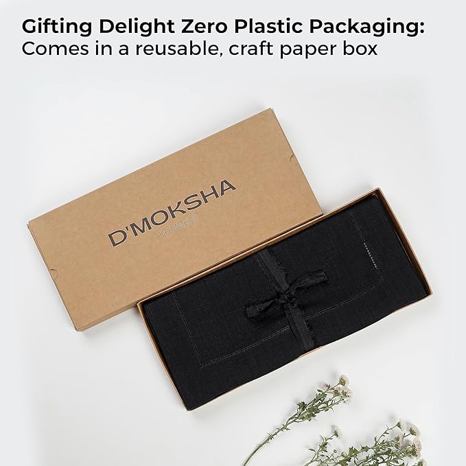 D'Moksha Homes Linen Black Table Runner 84 Inches Long - 100% Pure Linen Table Runner 14 x 84 Inch for Spring, Easter - Classic Hemstitch
