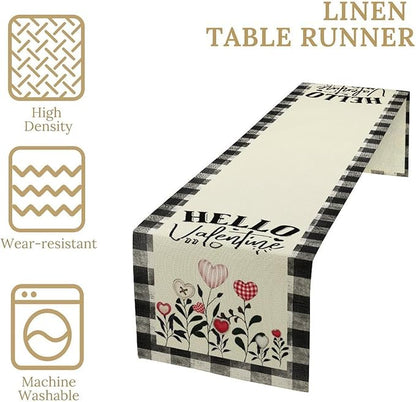 Valentines Day Table Runner,Vintage Rustic Black White Red Heart Buffalo Plaid Table Center Decor for Family Kitchen Living Room Outdoor Farmhouse Party Table Decorations, 13"x108"