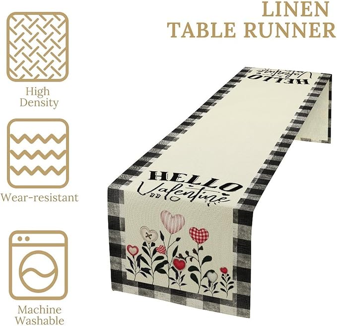 Valentines Day Table Runner,Vintage Rustic Black White Red Heart Buffalo Plaid Table Center Decor for Family Kitchen Living Room Outdoor Farmhouse Party Table Decorations, 13"x72"