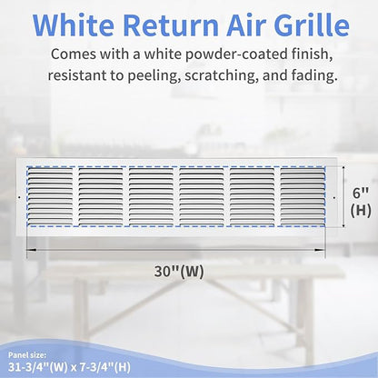 30"W x 6"H [Duct Opening Size] Steel Return Air Grille, Air Return Vent Cover for Ceiling and Sidewall - HVAC Air Vent Covers - [Outer Dimensions: 31.75"W x 7.75"H]