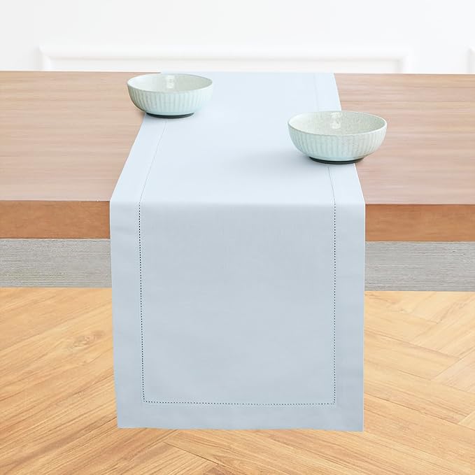 Solino Home Table Runner 90 Inches Long - Cotton Linen Hemstitch Light Blue Table Runner 14 x 90 Inch for Spring, Easter