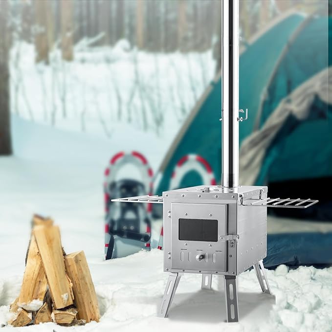 VEVOR Camping Wood Stove Stainless Steel Camping Tent Stove, Portable Wood Burning Stove with Chimney Pipes & Gloves, 1646in³Firebox Hot Tent Stove for Outdoor Cooking and Heating with 8 Pipes