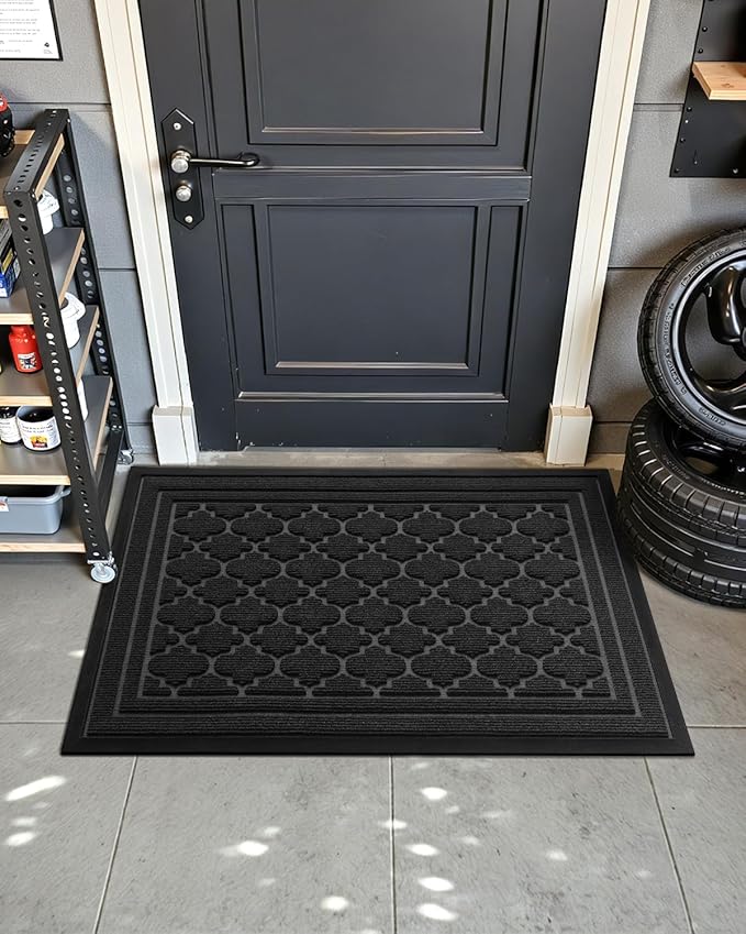 Color&Geometry Front Door Mat Outside Entrance, Heavy Duty Non Slip Low Profile Doormat for Entryway, Trap Dirt and Moisture Welcome Mats All-Weather, Easy Clean, Patio, Garage, 24"x36" Black
