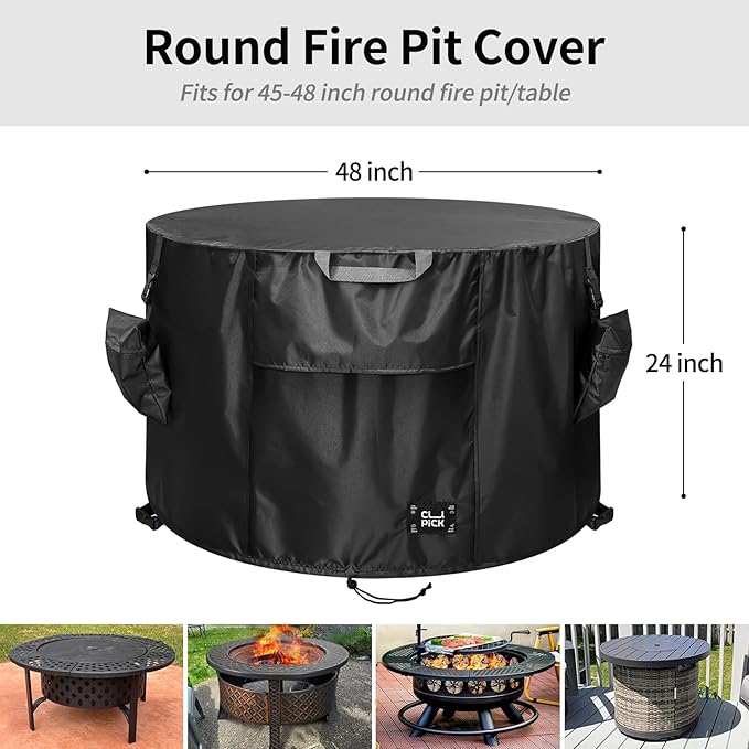 Fire Pit Cover,Heavy-Duty Waterproof Tear-Resistant FirePit Covers Round with Sandbag,Weather and Fade Resistant Fire Pit Cover Round Fits for 45-48 Inch Fire Pit/Table,Black 48" D x 24" H
