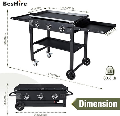 BESTFIRE 3 Burner 35" Flat Top Grill,45,000 BTU Flat Grills Outdoor Cooking with Two Foldable Shelves,Outdoor Griddle with Porcelain-Enameled Cast Iron Grate & Pan for Kitchen,BBQ& Camping