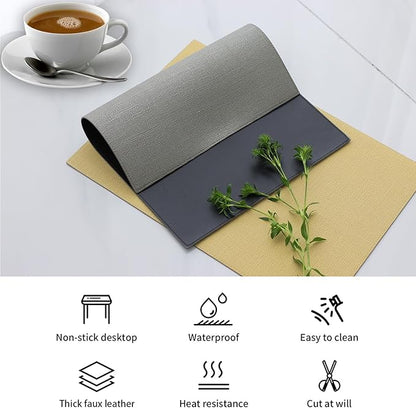 Faux Leather Placemats for Round Table, Waterproof Oil-Proof Wipeable Reversible Dining Table Place Mats Set of 6, Heat Resistant PU Table Mats for Dinner Party Table Decoration, Grey