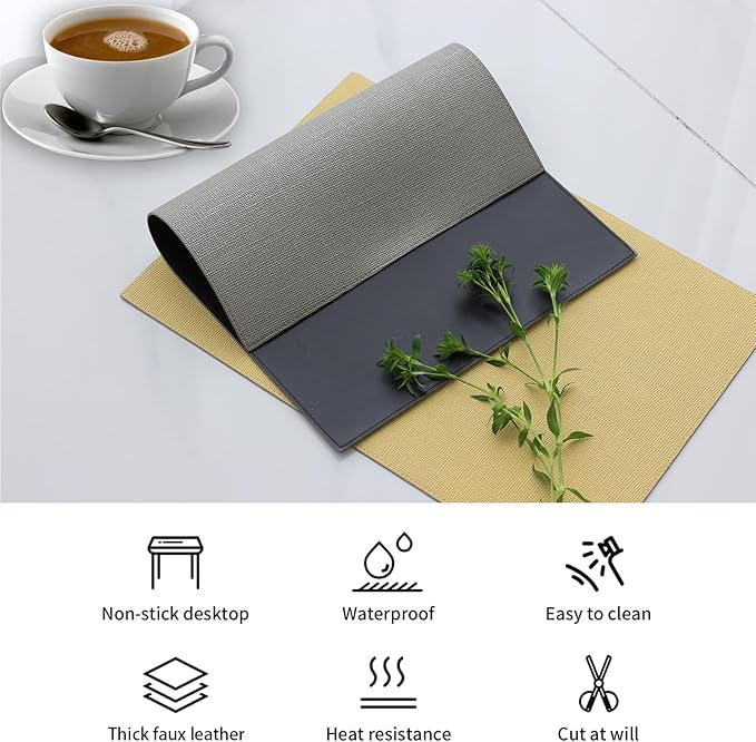 Placemats Set of 4 Faux Leather Waterproof Oil-Proof Wipeable Table Mats, Reversible Heat Resistant PU Place Mats for Kitchen Dining Table (13x18 Inch, Grey)