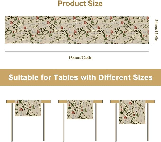 Mushroom Table Runner,Vintage Rustic Boho Botanical Plant Print Tablerunner for Home Kitchen Dining Coffee Table Indoor Outdoor Party Decor 13x108in