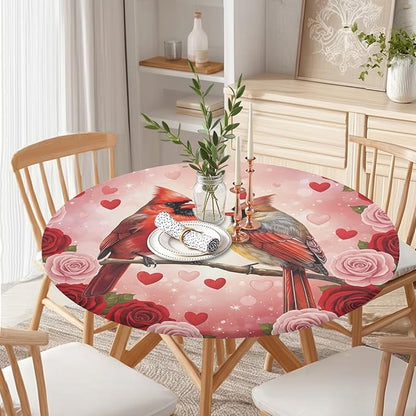 Valentines Day Round Fitted Tablecloth with Elastic Cardinal Bird Heart Circle Table Cloth for 48-52" Tables Wipeable Waterproof Washable Valentine Red Birds Table Cover for Picnic Dining Party Decor