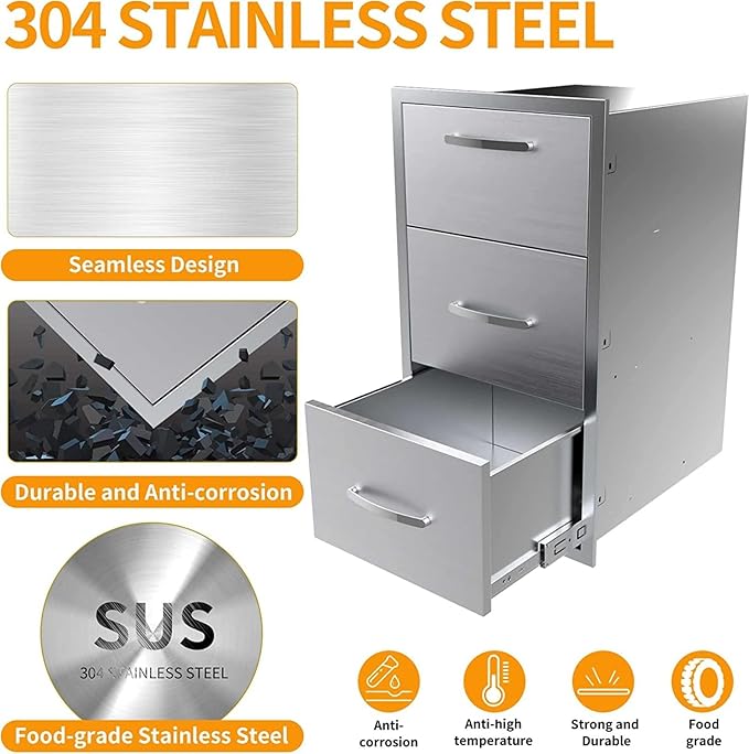 Pull Out Trash Drawer, Lower Sliding Rails Stainless Steel Roll Out Trash Bin Pull Out Tray With Handle For Outdoor Kitchen BBQ Island Grill Station,Three Drawers