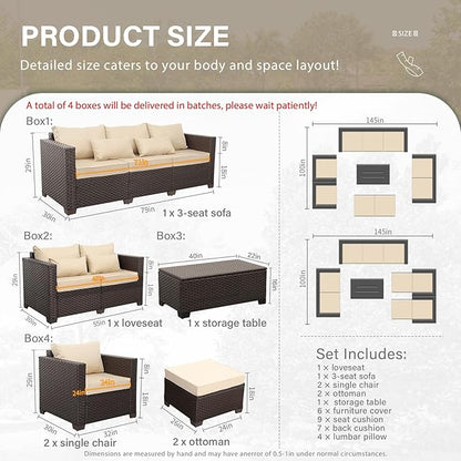 7 PCS Patio Furniture Set Outdoor Patio Furniture with Storage Table Outdoor Couch Patio Chairs Outdoor Conversation Set with Non-Slip Cushions Waterproof Covers, Khaki