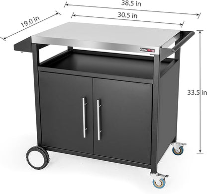 Grill Table Outdoor Kitchen Cabinet, Moveable Outdoor Prep Table & Bar for Storage, Grilling and Pizza Oven, Multifunctional Silver & Black