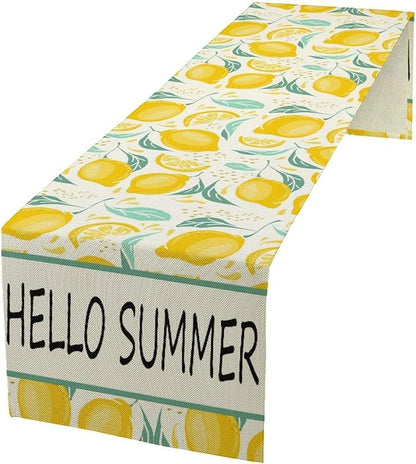 Spring Yellow Lemon Table Runner, Hello Summer Seasonal Exotic Fresh Fruits Plants Branch Leaves Print Table Cover for Farmhouse Kitchen Table Party Decor, 13x120inch