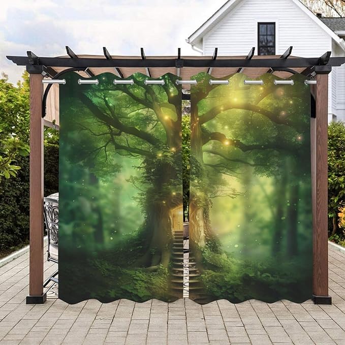 Fantasy Theme Outdoor Curtains for Patio Waterproof,Forest Pattern,Grommet Curtain for Bedroom, Porch, Living Room, Pergola, Cabana,Set of 2 Panels,54 x 108 inch,Green