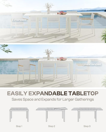 Expandable Outdoor Patio Dining Table Set for 6-8 Person, Aluminum Outdoor Table and 6 Chairs with Textilene Fabric & HDPS Armrest, All-Weather Patio Furniture Set for Yard, Garden, White