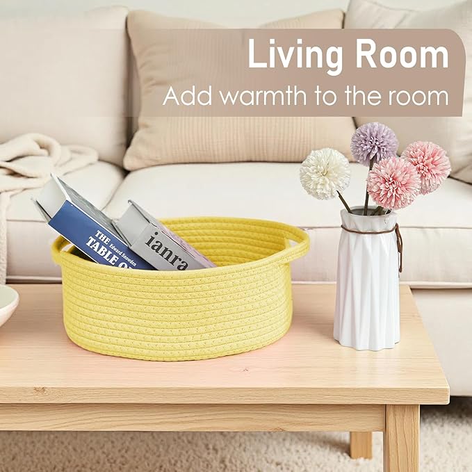 Woven Basket,Small Rope Storage Bin with Handles & Ribbon Bag, Organizer for Shelves Closets,Gift Basket Empty for Birthday,Books,Dog Toys, Yellow/2 Pack
