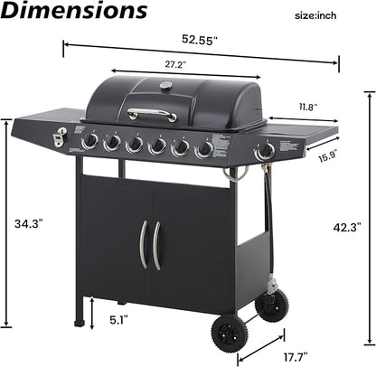 Propane Gas BBQ Grill with 6-Burner and Side Burner 59000 BTU Stainless Steel Barbecue Grill with Porcelain-Enameled Cast Iron Grates,Side Shelves and Wheels Portable Outdoor Grill for Pation,Backyard