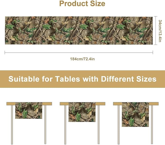 Forest Camouflage Table Runner, Camo Conifer Oak Branches Mossy Hunting Lodge Camp Cabin Table Runner for Kitchen Dining Room Party Camping 13x36in