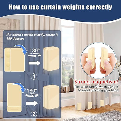 16 Pcs Outdoor Curtain Weights, 8 Pairs Upgrade to Heavier Magnetic Drapery Weights, Plastic Wrapped Waterproof Curtain Magnets for Home Decor, Tablecloth, Patio, Shower, Outside Curtains-Beige