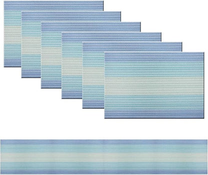 PIGCHCY Placemats Set of 6 and Table Runner,Heat Resistant Vinyl Woven Washable Table mats Sets (6 Placemats+1 Table Runner, Coastal Blue)