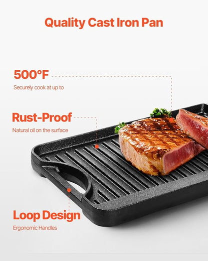 VEVOR Reversible Grill/Griddle, 14x8.5 inch Pre-Seasoned Cast Iron Griddle, Portable Rectangular Pan with Handle, Family Cookware for Indoor/Outdoor Stove Top Burner, Gas, Camping BBQ, Black