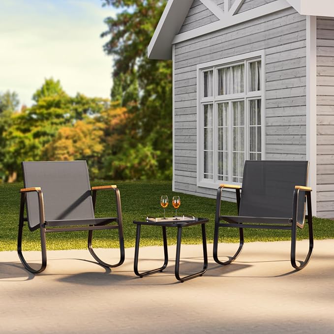 3 Pieces Patio Furniture Set Textilene Outdoor Rocking Set, A Tempered Glass - Image 8