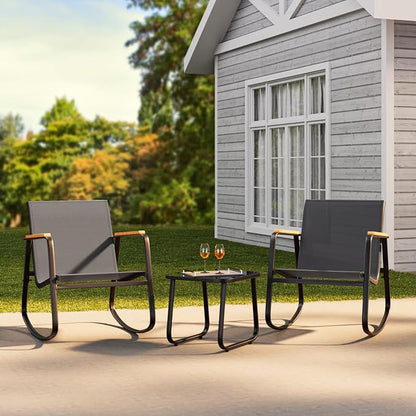 3 Pieces Patio Furniture Set Textilene Outdoor Rocking Set, A Tempered Glass - Image 8