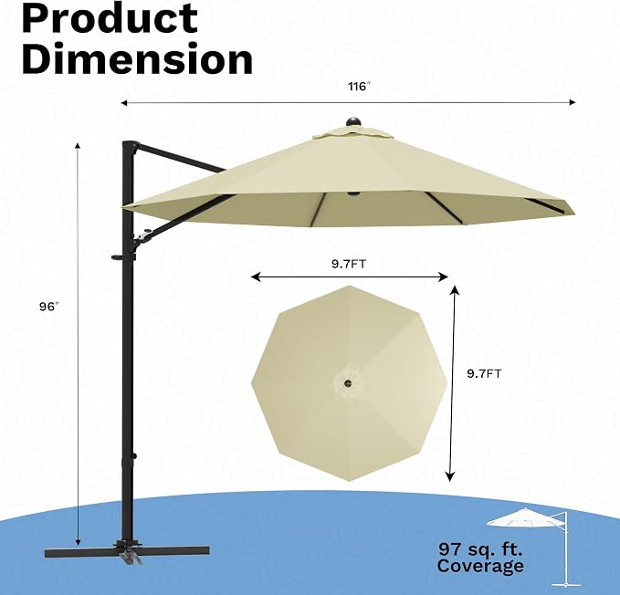 Devoko 10ft Cantilever Patio Umbrella, Round Large Outdoor Umbrella - Image 3
