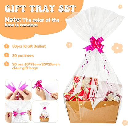 Tuanse 30 Pcs Basket for Gift Empty DIY Bulk Gift Basket Kit with Handle Kraft Cardboard Tray with 30 Bag 30 Bow Market Tray for Wedding Party(Brown,12.6 x 9.8 x 5.9 in)