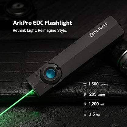 OLIGHT ArkPro EDC Flat Flashlight Rechargeable with Green Beam, UV and White LED,1500 Lumens USB-C Pocket Camping Flashlight, Spotlight Floodlight for Outdoor Emergency Working (Black NW)