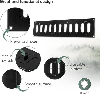 Vent Systems 16'' x 4'' Inch (Overall) Black Metal Air Vent Cover - Louvered Rectangular Return Grill with Built-in Protective Mesh Screen - HVAC Ventilation Grille for Kitchen, Bathroom, Home, Garage
