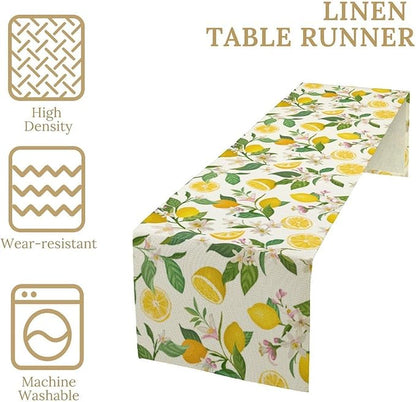 Yellow Lemon Table Runner,Spring Floral Summer Fruits Print Table Decoration for Farmhouse Kitchen Dinner Dining Table Holiday Party Home Decor 13x120in