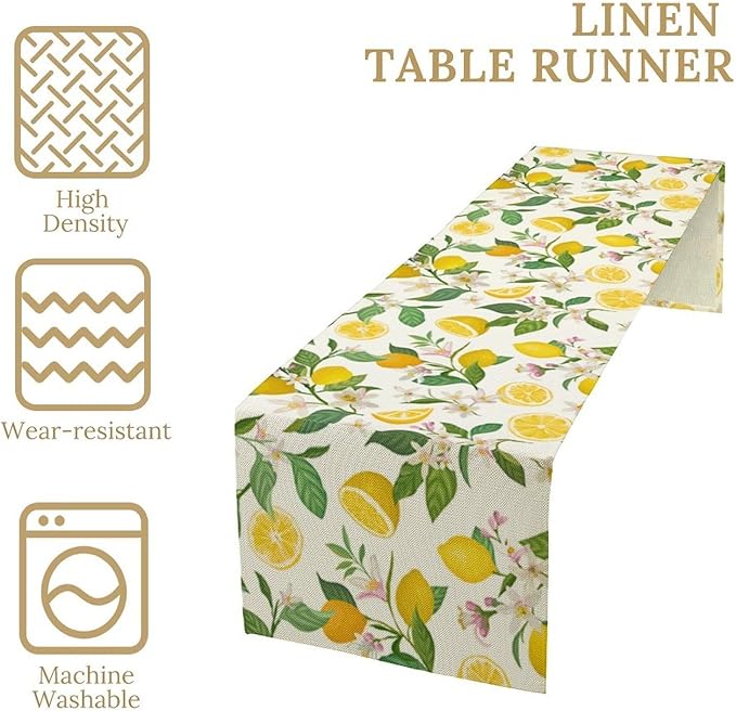 Yellow Lemon Table Runner,Spring Floral Summer Fruits Print Table Decoration for Farmhouse Kitchen Dinner Dining Table Holiday Party Home Decor 13x70in