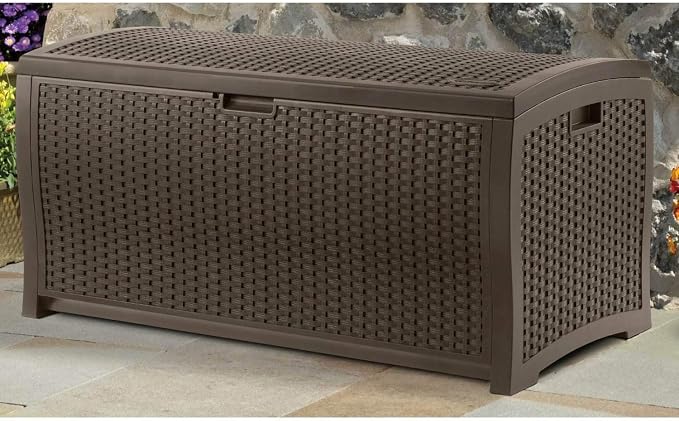 Suncast 99 Gallon Plastic Wicker Deck Box Container Storage - Image 9