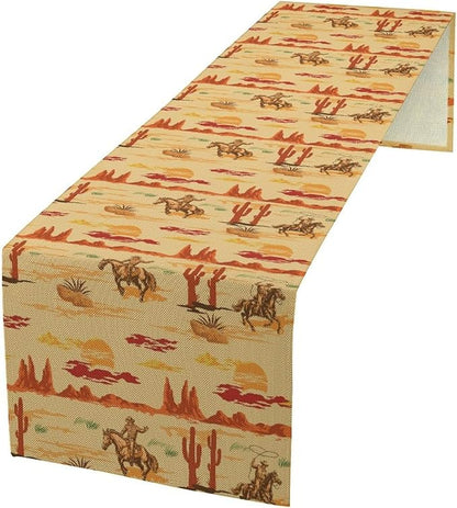 Western Cowboy Table Runner, Wild West Cowboy Ride Horse Desert Cactus Sunset Table Runner for Home Kitchen Dining Party Farmhouse Coffee Outdoor 13x120in