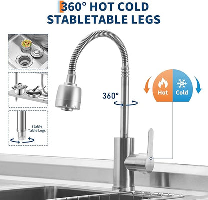 Freestanding Stainless Steel Utility Sink with Workbench, Right Drawer, Commercial Kitchen Sink with Faucet, Hot & Cold Water, Storage Shelf, S-Hook, Knife Holder, Adjustable Leg for Indoor Outdoor