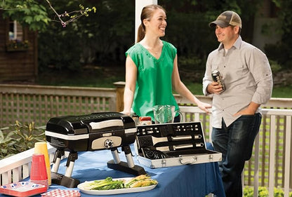 Cuisinart Petite Gourmet Portable Gas Grill, Compact & Lightweight Tabletop Small Grill for BBQs, Camping, Tailgates & Small Spaces, 5,500 BTU Burner Folding with Carry Handles, Black
