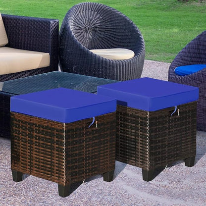 Tangkula 2 Pieces Outdoor Patio Ottoman, All Weather Rattan Wicker Ottoman Seat, Patio Rattan Furniture, Outdoor Footstool Footrest Seat w/Removable Cushions