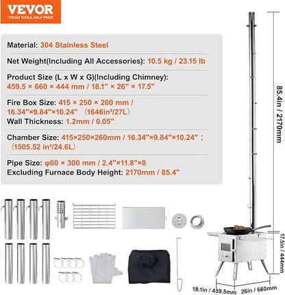 VEVOR Camping Wood Stove Stainless Steel Camping Tent Stove, Portable Wood Burning Stove with Chimney Pipes & Gloves, 1646in³Firebox Hot Tent Stove for Outdoor Cooking and Heating with 8 Pipes