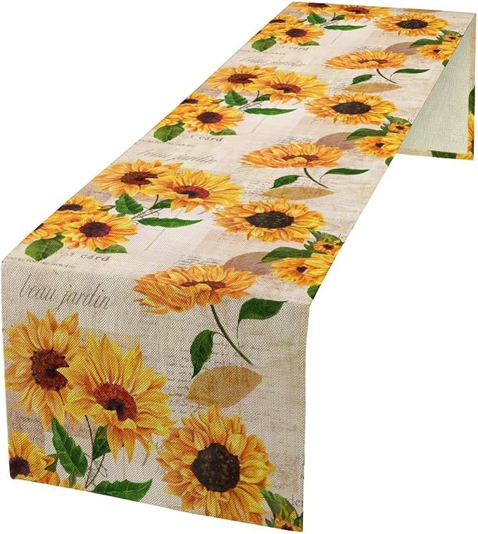 Retro Sunflower Table Runner, Vintage Newspaper Sunflower Blossoms Rustic Farmhouse Flower Table Cover for Kitchen Dinning Party Holidays Decor, 13x36inch