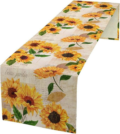 Retro Sunflower Table Runner, Vintage Newspaper Sunflower Blossoms Rustic Farmhouse Flower Table Cover for Kitchen Dinning Party Holidays Decor, 13x60inch
