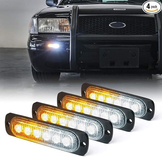 Xprite 4PCS LED Emergency Strobe Lights, Amber White 6-LED Surface Mount Flashing Strobe Lights, Sync Feature Ultra Slim Grill Light for Off-Road Vehicles ATV SUV Trucks Cars