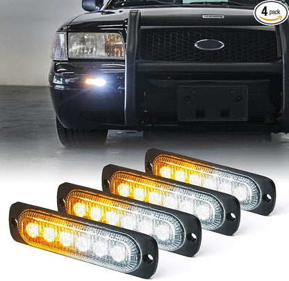 Xprite 4PCS LED Emergency Strobe Lights, Amber White 6-LED Surface Mount Flashing Strobe Lights, Sync Feature Ultra Slim Grill Light for Off-Road Vehicles ATV SUV Trucks Cars