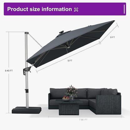 PURPLE LEAF Cantilever Umbrella 9' X 9' Solar LED Light Patio Deck, Stays bright - Image 9