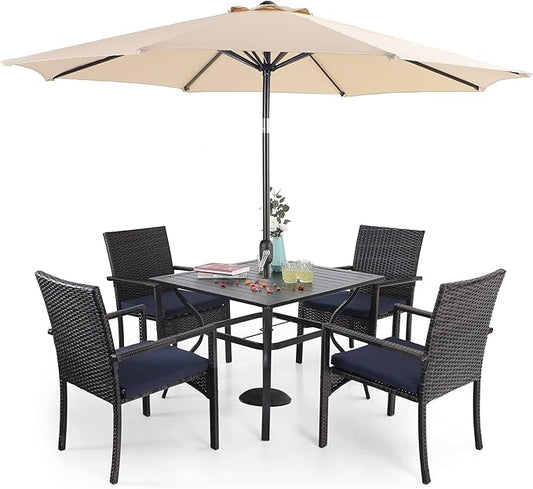 Sophia & William 5 Pieces Patio Dining Set with 9 ft Beige Patio Umbrella, Outdoor PE Rattan Chairs and Square Metal Table Set with Cushions and 1.57" Umbrella Hole for Porch Poolside Backyard