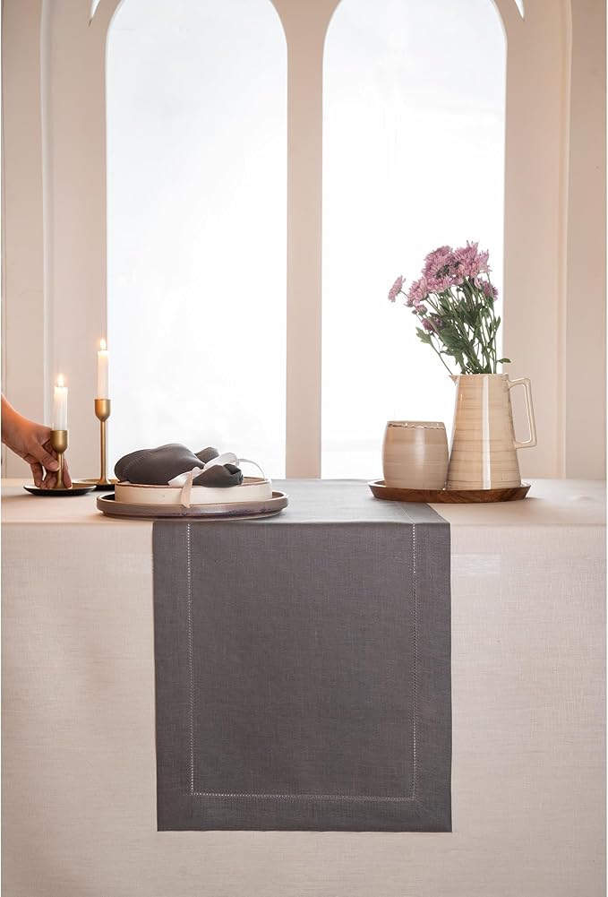 D'Moksha Homes Linen Charcoal Grey Table Runner 60 Inches - Classic Hemstitch, 100% Pure Linen Coffee Table Runner 14 x 60 Inch Ideal for Dresser Tables - Spring, Easter