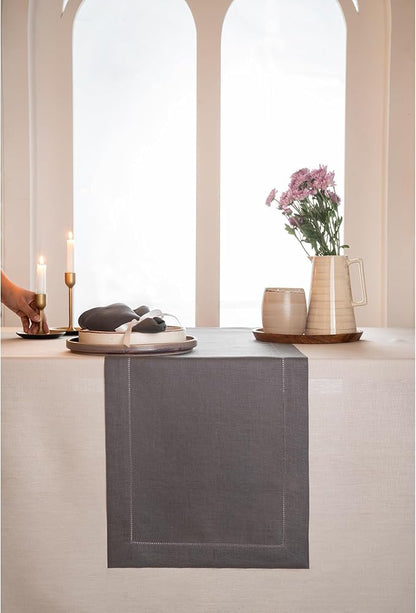 D'Moksha Homes Linen Charcoal Grey Table Runner 72 Inches Long - 100% Pure Linen Hemstitch Table Runner 14 x 72 Inch for Dresser, Dining, Spring, Easter - Classic Hemstitch