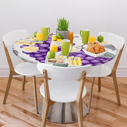 Grape Fruit Purple Leaves Round Table Cloth Cover, Elastic Edge Waterproof Wipeable Tablecloths 45"-56" Polyester Tablecloth for Party Restaurant Banquet Holiday Camping Outdoor Picnic