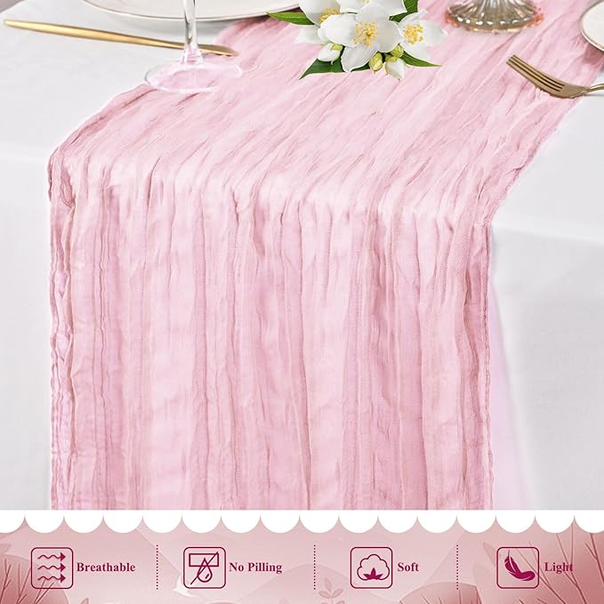 8 Packs Cheesecloth Table Runner 10FT Long Boho Gauze Fabric Table Runner Vintage Rustic Sheer Runners for Wedding Party Bridal Baby Shower Table Decorations (Light Pink)