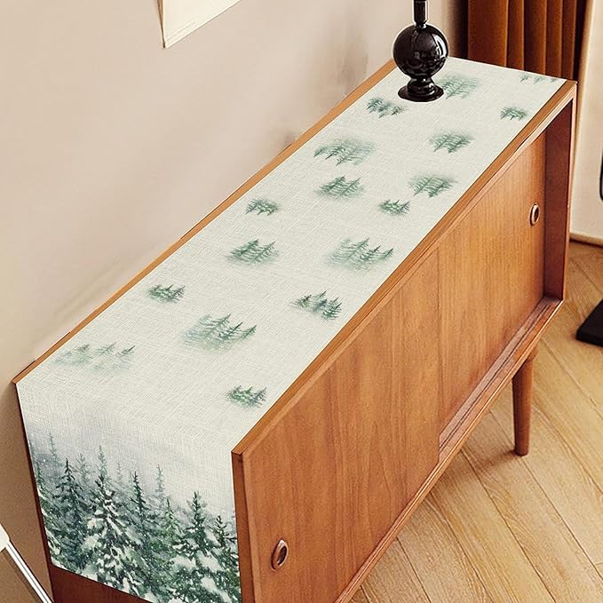 Forest Table Runner, Rustic Farmhouse Mountains Birds Pine Tree Woodland Jungle Cottage Country Coffee Table Center Decor for Home Kitchen Dining Patio Holiday Party Table Decorations, 13"x36" Inch